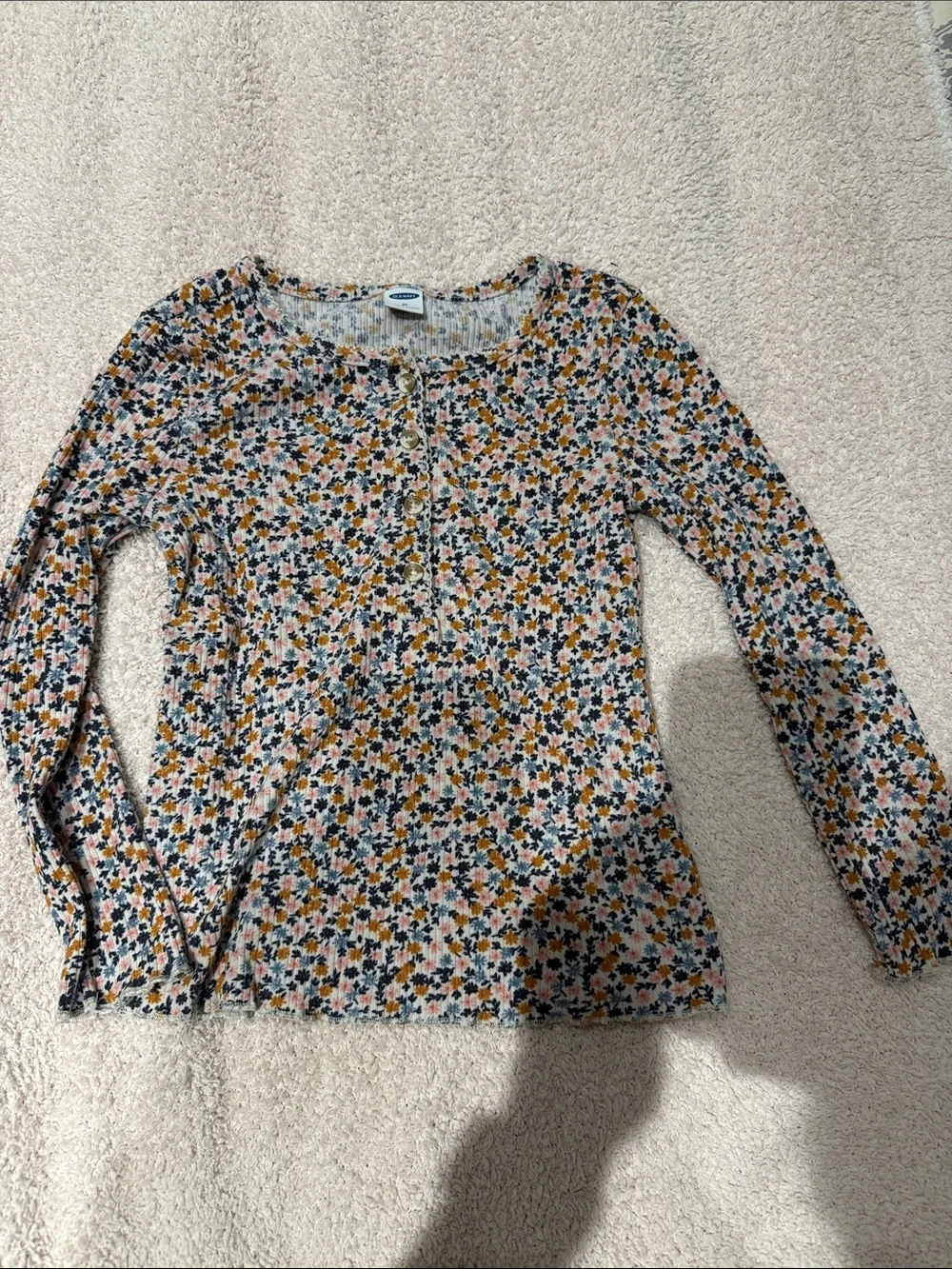 Girls Floral Long-Sleeve Ribbed Henley Top - Pink & Mustard